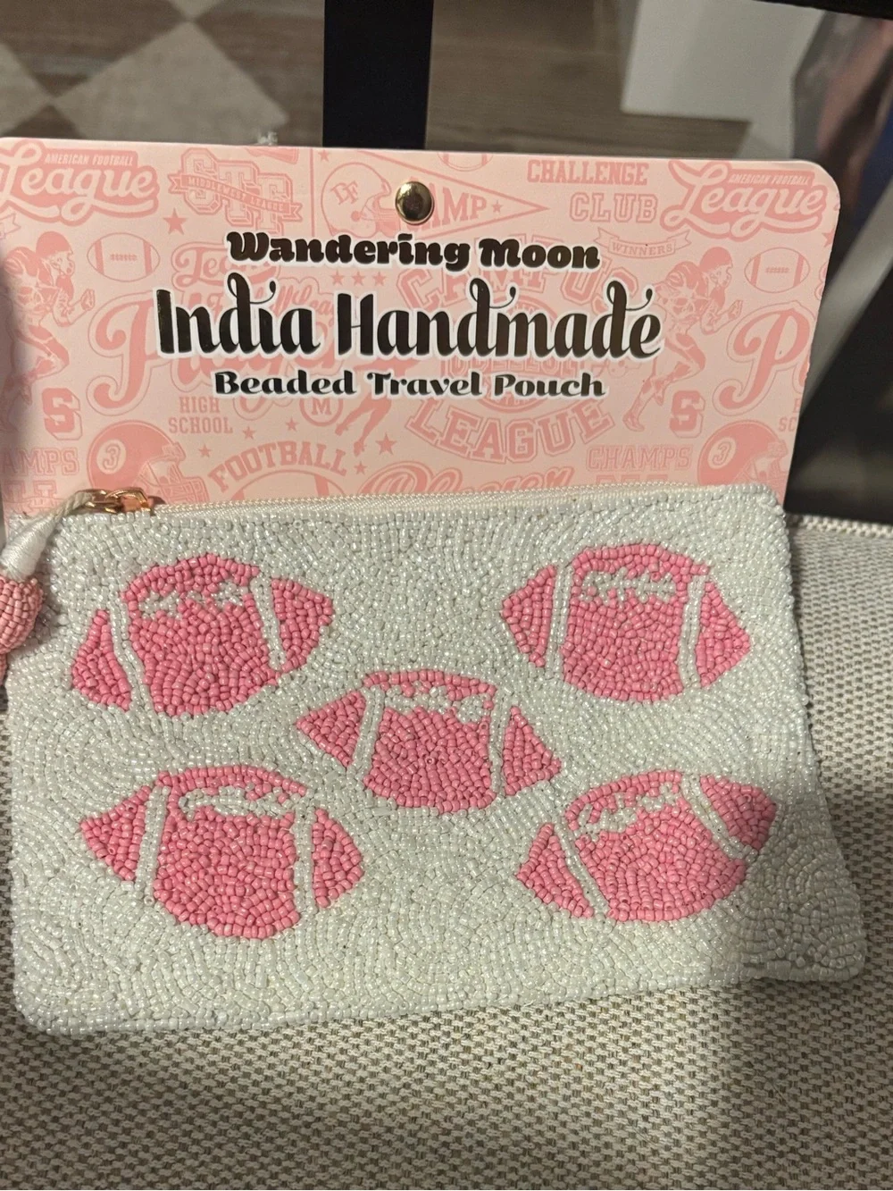 Handmade Pink Beaded Travel Pouch - Pink and White